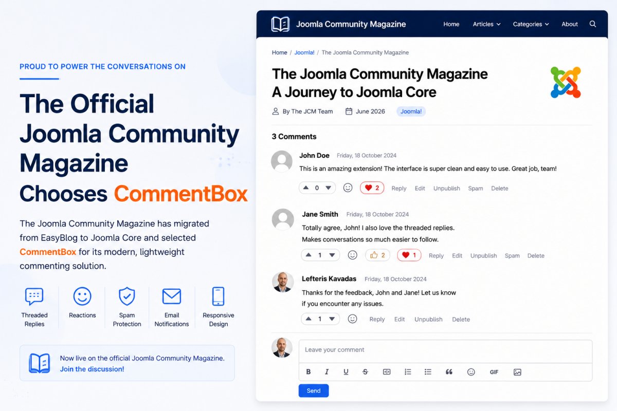 The official Joomla Community Magazine uses CommentBox to provide a modern commenting experience after its migration to Joomla Core.