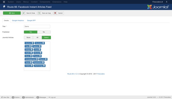 Route 66 for Joomla - Facebook Instant Articles