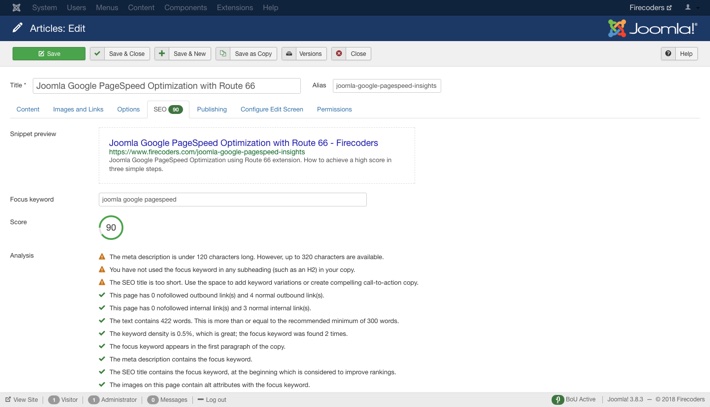 Route 66 for Joomla - SEO analysis powered by Yoast