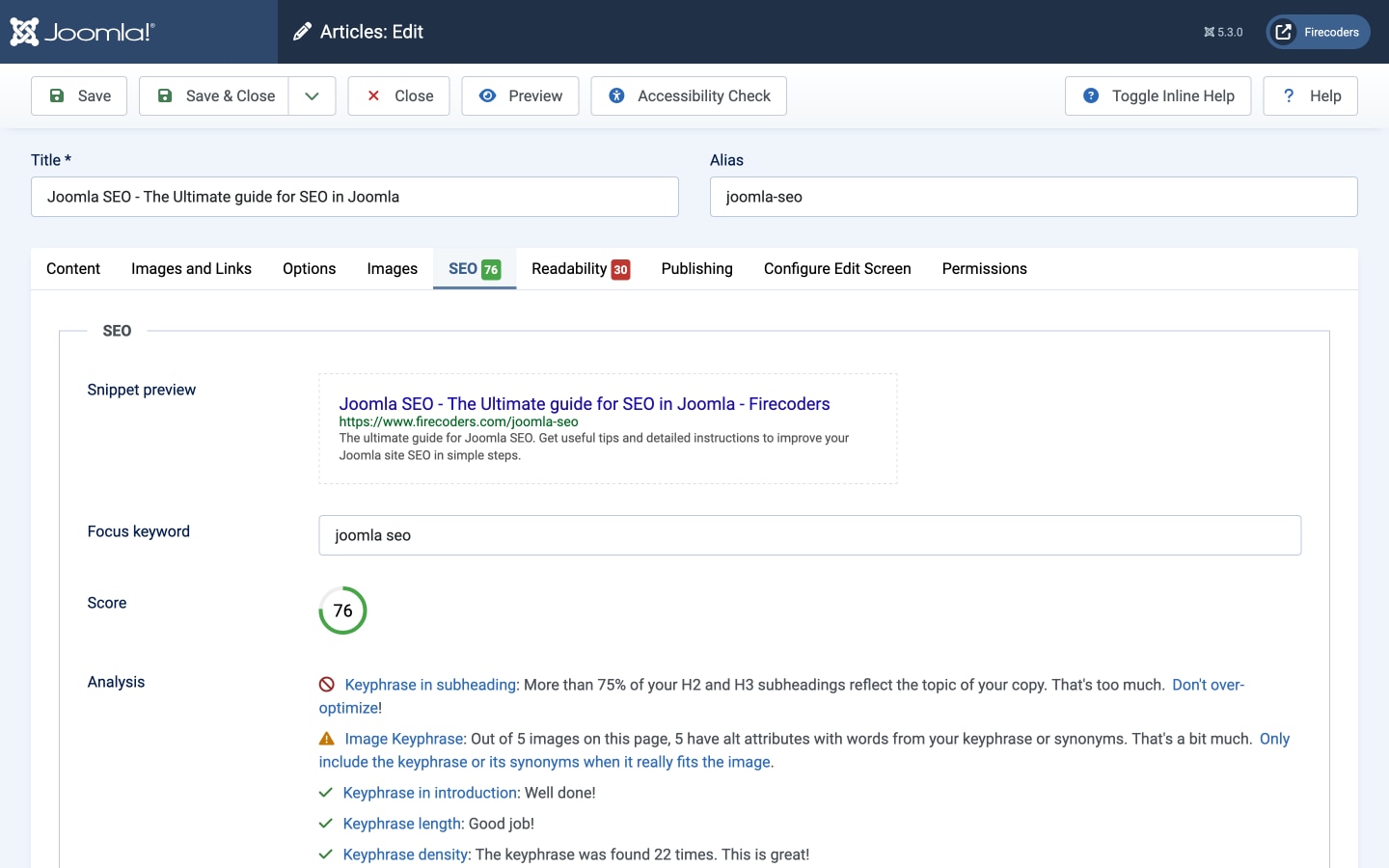 Route 66 for Joomla - SEO analysis powered by Yoast