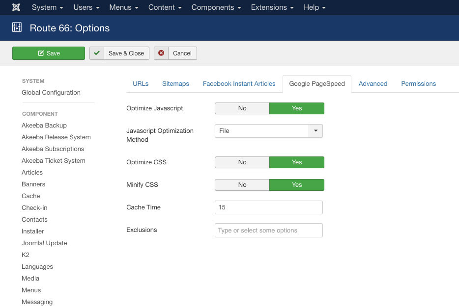 Joomla Google PageSpeed - Route 66