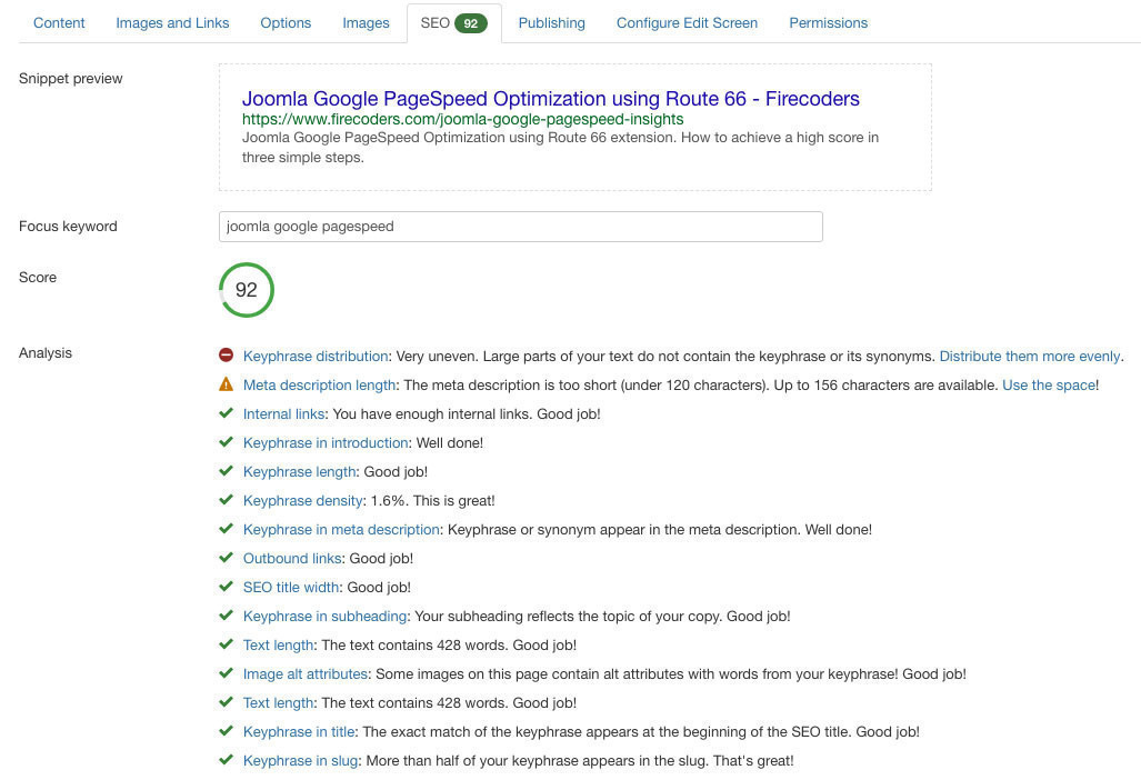 Joomla SEO - Route 66 content analysis powered by Yoast